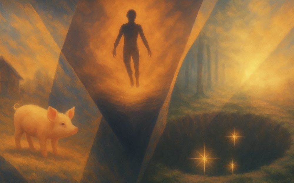 Painted dreamscape with a glowing human figure, a piglet and a dark pit