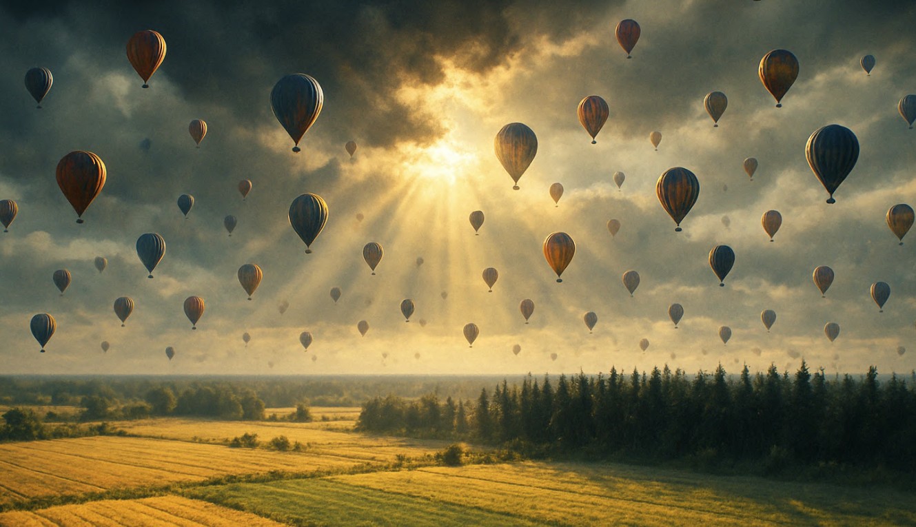 Hot air balloons float over fields and a forest under a bright, cloudy sky